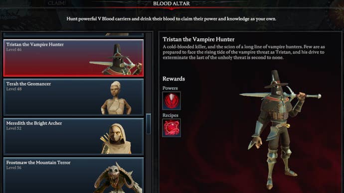 V Rising Tristan the Vampire Hunter Blood Altar tracking page, showing an image of the hunter on the right and a list of bosses on the left