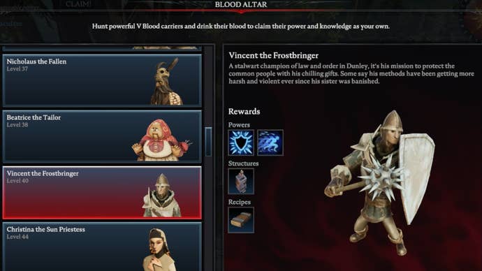 V Rising Vincent the Frostbringer Blood Altar tracking page, showing an image of the armoured frostbringer on the right and a list of bosses on the left
