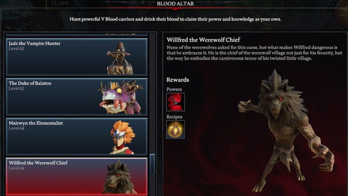 V Rising Willfred the Werewolf Chief Blood Altar tracking page, showing an image of the werewolf on the right and a list of bosses on the left