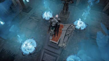 V Rising screenshot showing a vampire in armour rising out from a coffin as blue flames burn in braziers around them