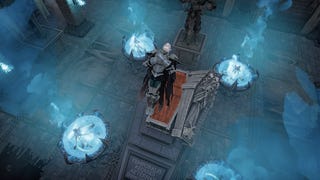 V Rising screenshot showing a vampire in armour rising out from a coffin as blue flames burn in braziers around them