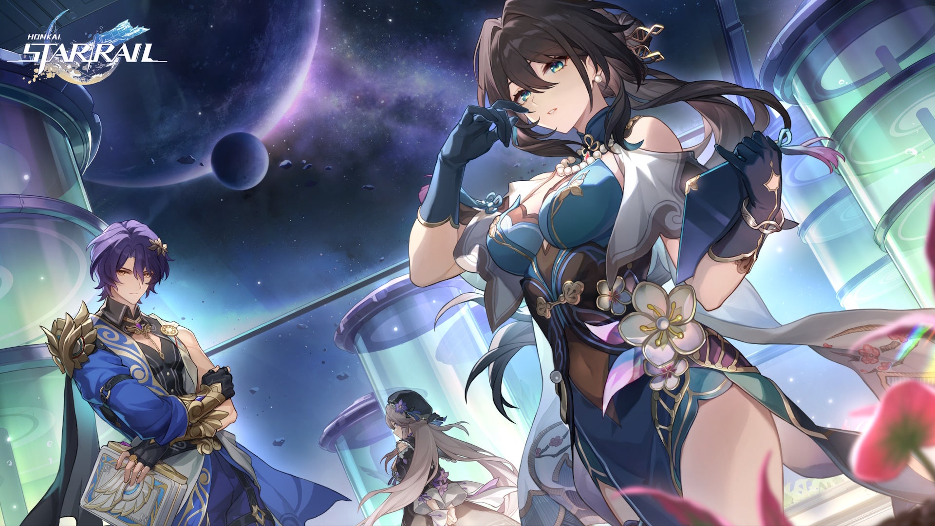 offical art for version 1.6 of honkai star rail with ruan mei, dr ratio, and herta