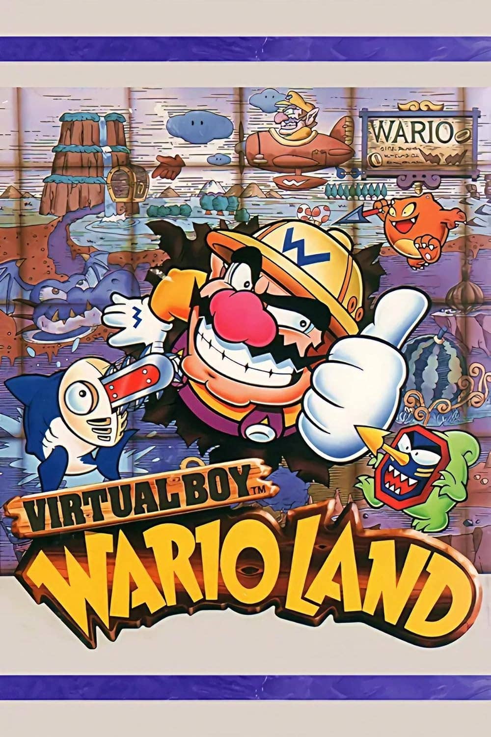 Cover art for Virtual Boy Wario Land, featuring the yellow-clad, white-gloved Wario giving a thumbs up, surrounded by peculiar critters.
