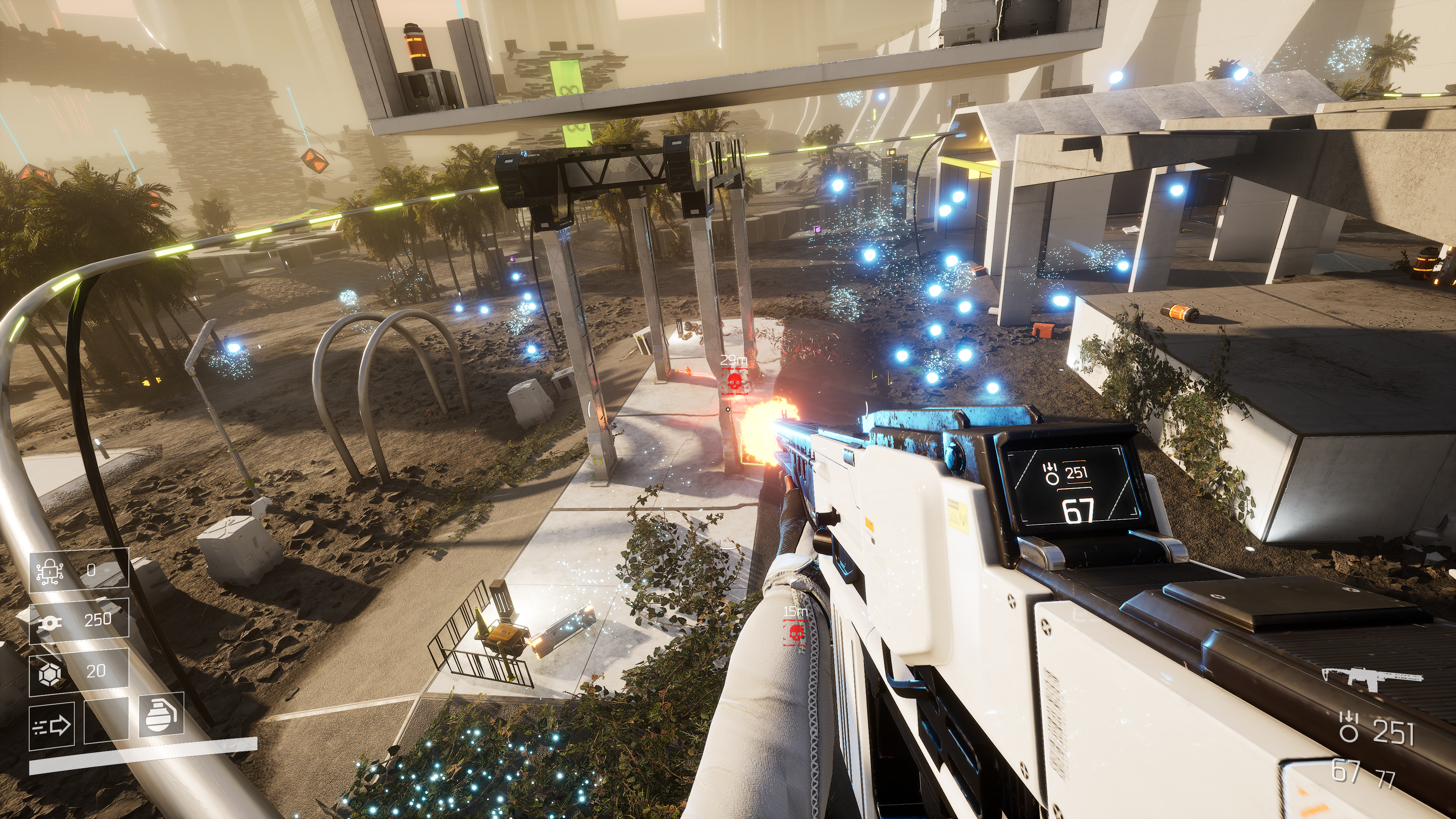 An aerial first-person view of the player shooting a big shiny gun at sci-fi buildings and grindrails in Void/Breaker