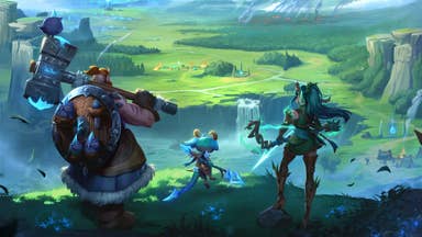 Vaultbreakers artwork showing three fantasy characters looking over a lush green environment