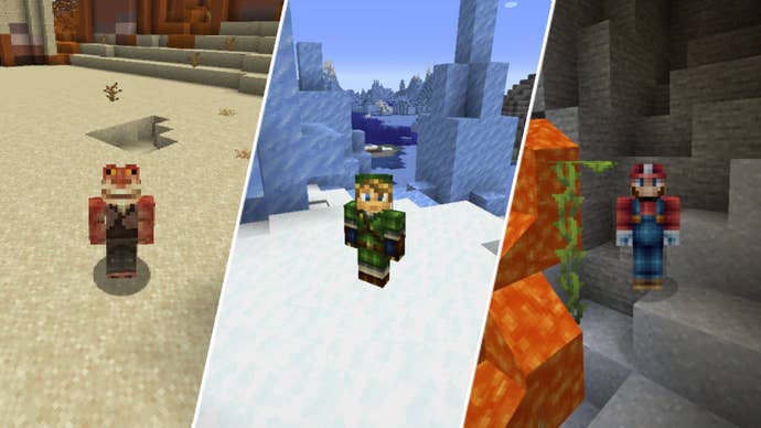 Three screenshots showing off Minecraft player skins can be seen. From left to right: Jar Jar Binks, Link from Zelda, and Mario