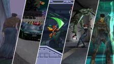 A mixture of screenshots and key artwork from five different PS1 games are shown. From left to right: Silent Hill, Gran Turismo, Mega Man X3, Dino Crisis, and Legacy of Kain: Soul Reaver