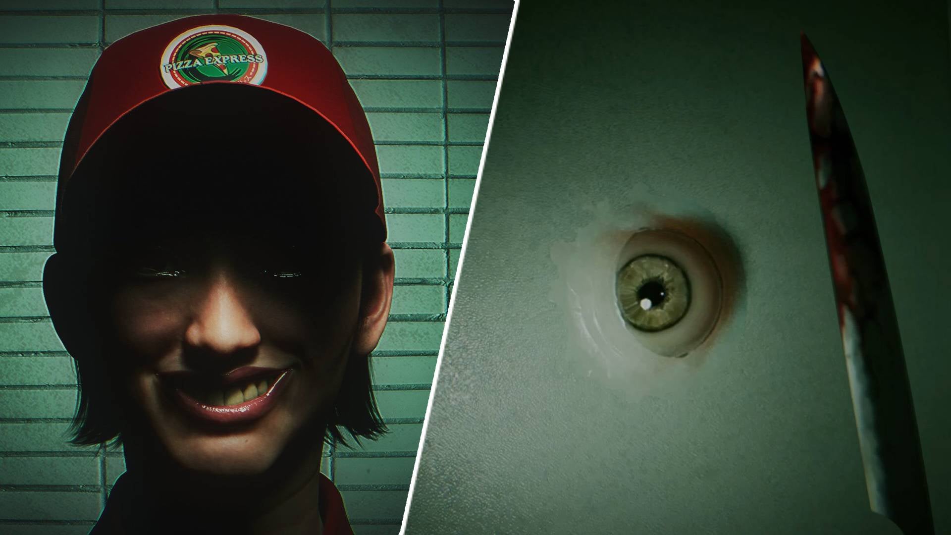 A pizza delivery person ominously smiling is shown beside a knife being held up to an eyeball in key artwork from BrokenLore: Don&rsquo;t Watch