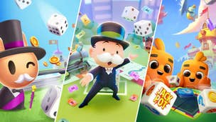 Key artwork is shown from three mobile games: from left to right, there is Board Kings, Monopoly GO, and Dice Dreams