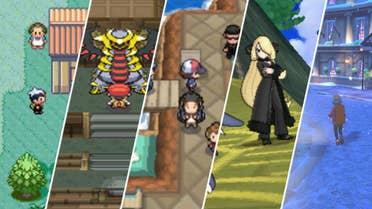 Key artwork from multiple Pokemon games is shown. From left to right: Pokemon Ruby, Pokemon Diamond, Pokemon White, Pokemon Sun, and Pokemon Sword