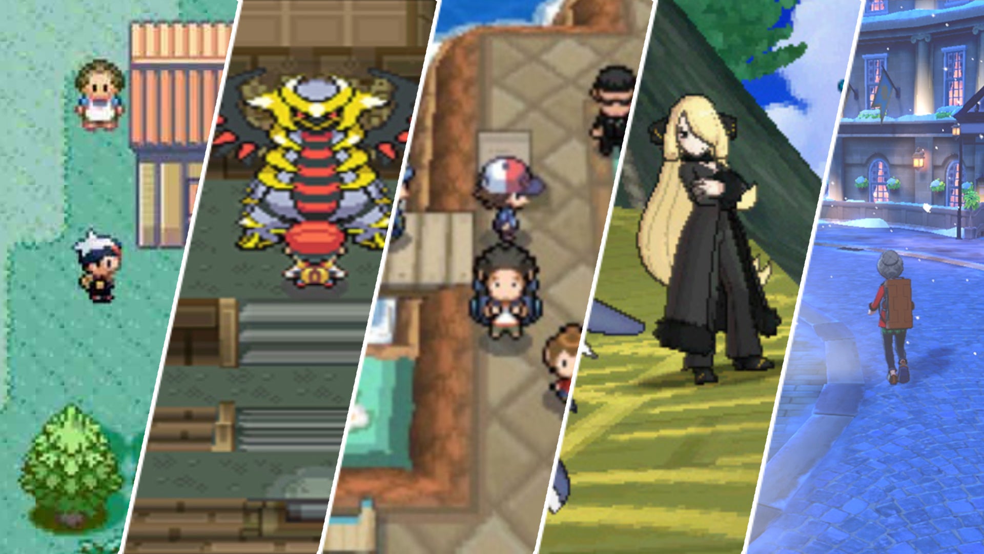 Key artwork from multiple Pokemon games is shown. From left to right: Pokemon Ruby, Pokemon Diamond, Pokemon White, Pokemon Sun, and Pokemon Sword - 1
