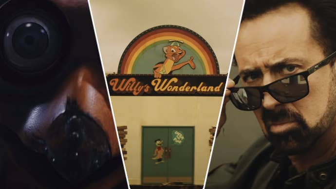 Three images are shown beside one another. From left to right: an animatronic stares into the camera, the front door of Willy’s Wonderland is shown, and Nicolas Cage faces the character while tilting his sunglasses down