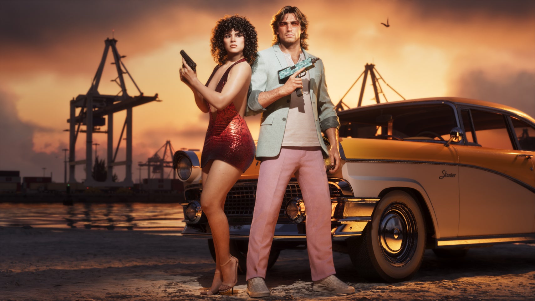 Official GTA 6 image showing the two leads posing with guns on the ocast in front of the exclusive car