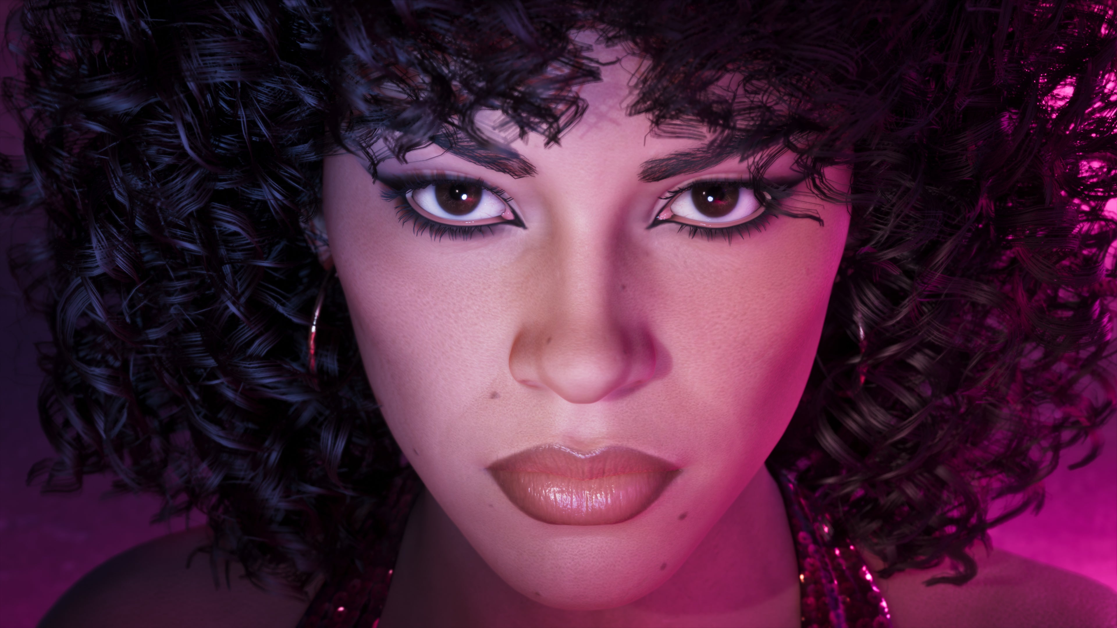 Official GTA 6 image showing Lucia facing the camera in close up, with an Afro-style haircut