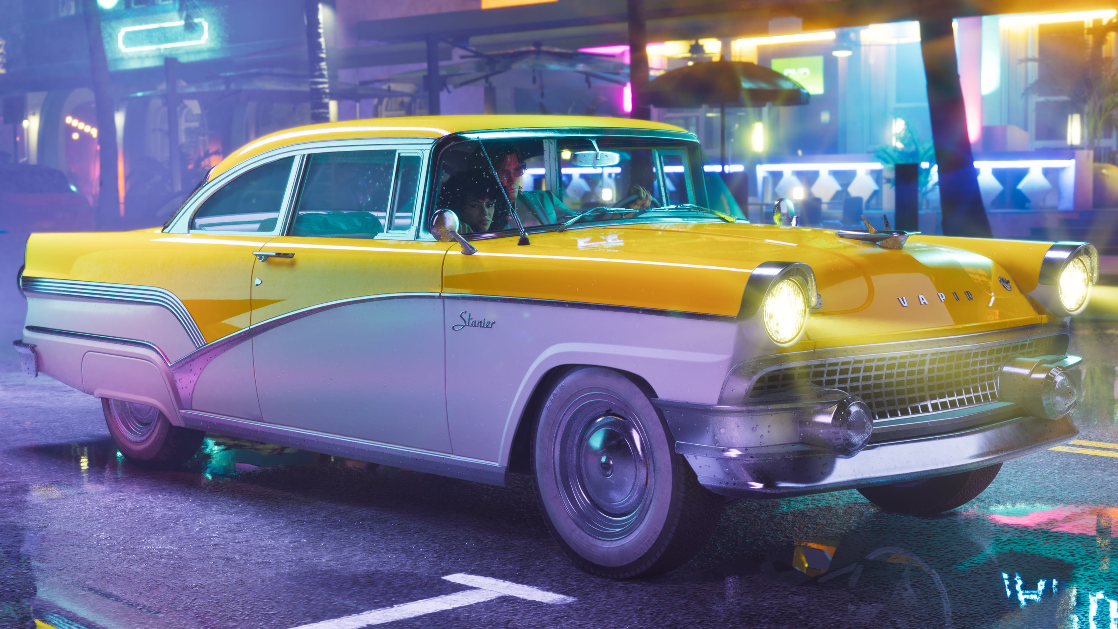 Official GTA 6 image showing the Vaipid Stanier, a retro car that looks a bit like a yellow cab