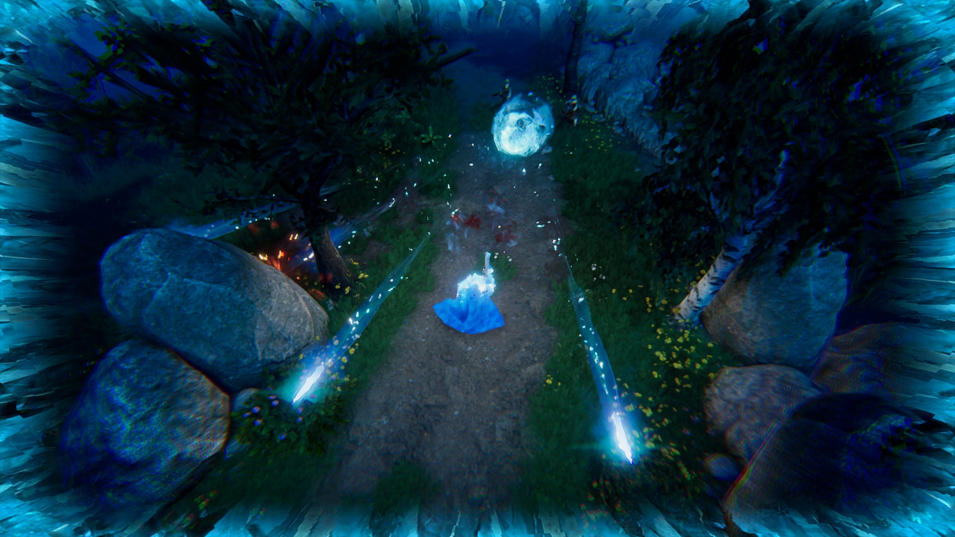 V Rising still, a character is standing in dark woodland at night and is accompanied by ethereal blue orbs - 3