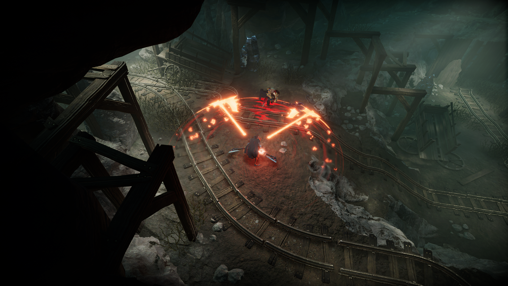 V Rising still, a character is in the center of the screen in a dark mine using axes to defend themselves, glowing enlargements of the axes are stretched in front of them