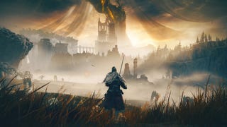 The player-character looks out over a valley with soft gold fields and skies filled with blackened veils in this screen from Elden Ring: Shadow of the Erdtree.