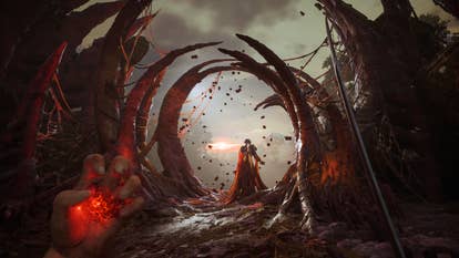 The blight affecting Valor Mortis' battlefields forms a passageway toward a trapped body.