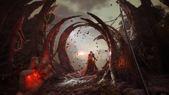 The blight affecting Valor Mortis' battlefields forms a passageway toward a trapped body.