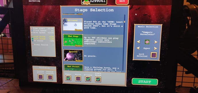 Picture of a monitor showing a stage select screen in Vampire Survivors Directer’s Cut