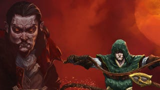Green hooded man prepares his whip with a spooky vampire looming in the background in Vampire Survivors art