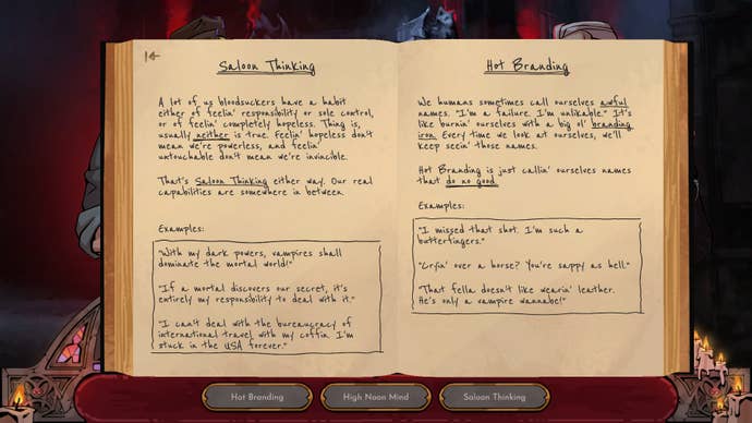 A screenshot from visual novel game Vampire Therapist showing your detailed journal in the game. It’s a yellowed paper book with scrawled handwriting in.