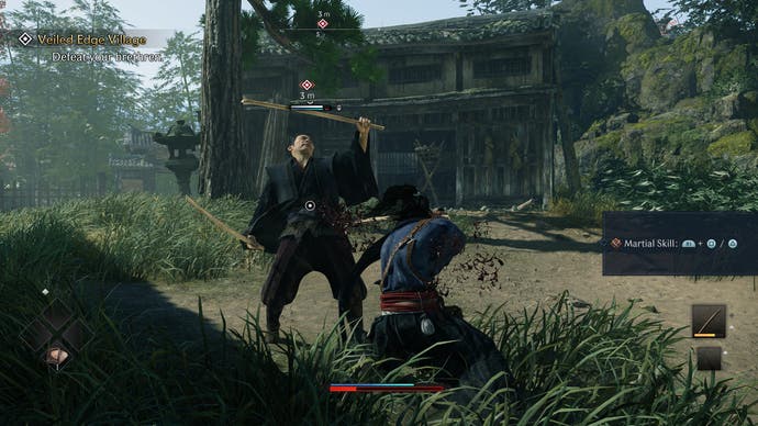 Captura de pantalla oficial de Rise of the Ronin que muestra el combate tutorial mientras un enemigo es derrotado