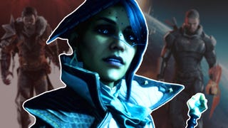 A character from Dragon Age Veilguard over the top of two blurred images featuring Mass Effect 3 and Dragon Age 2.