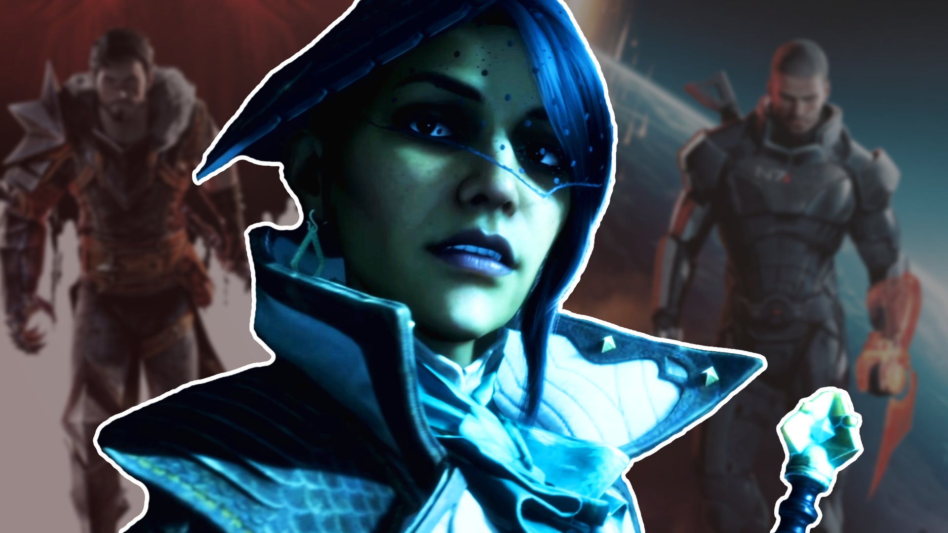 A character from Dragon Age Veilguard over the top of two blurred images featuring Mass Effect 3 and Dragon Age 2. - 1