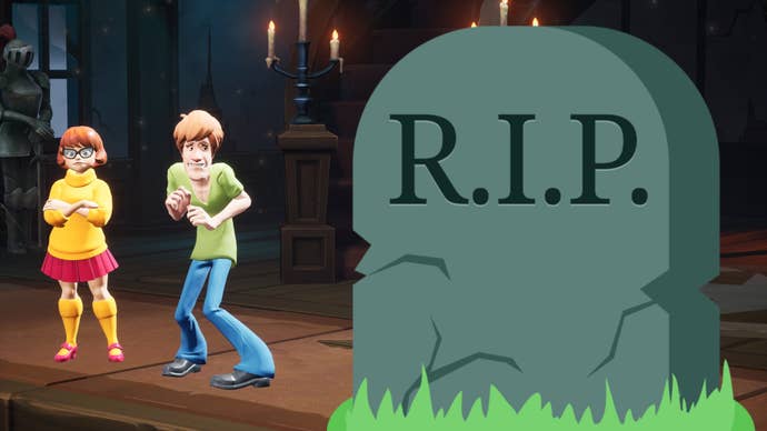 Velma and Shaggy from Scooby Doo in MultiVersus look at a large cartoon tomb stone