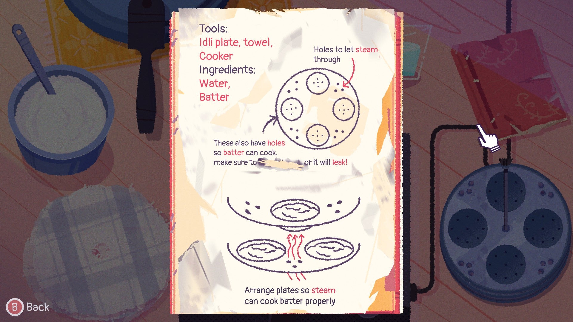 A delicate recipe page shows how to steam buns but part of the instructions are missing in Venba