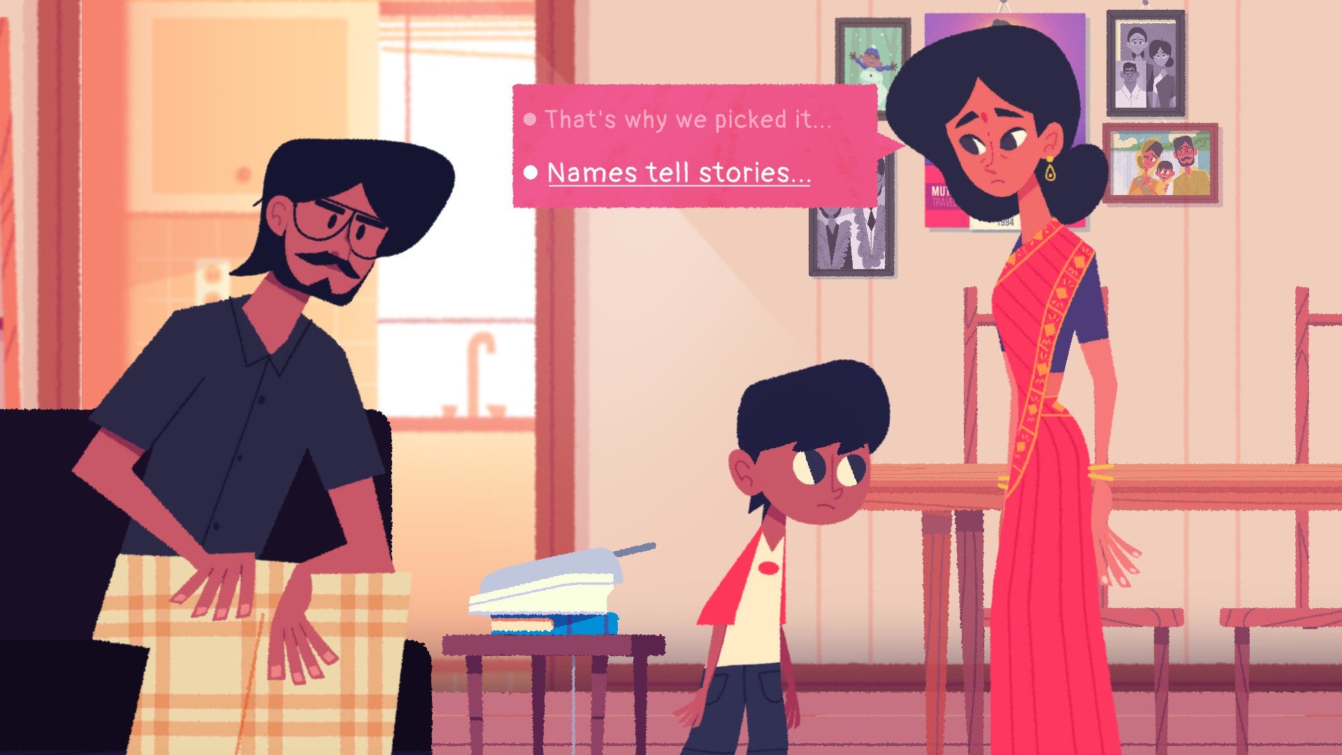 Venba speaks to her family in the living room in Venba