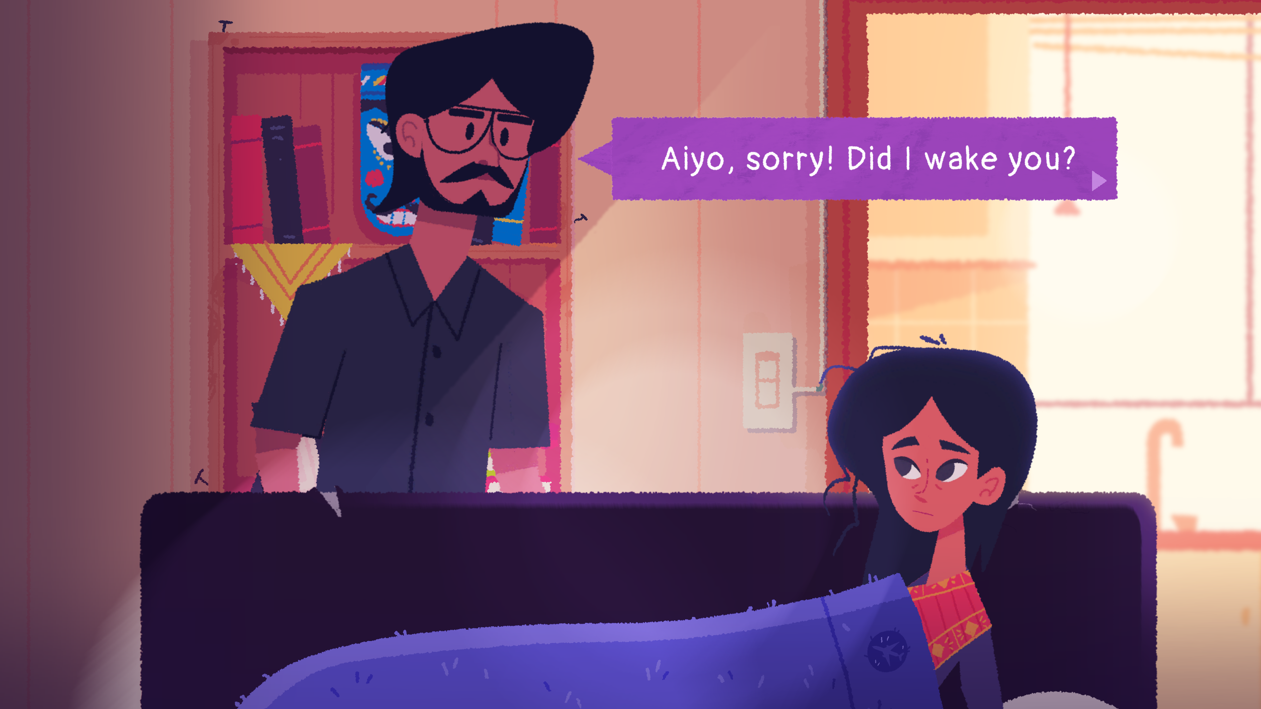 A conversation between Venba and her husband in Venba. He apologises and asks if he woke her, as she lies on the sofa