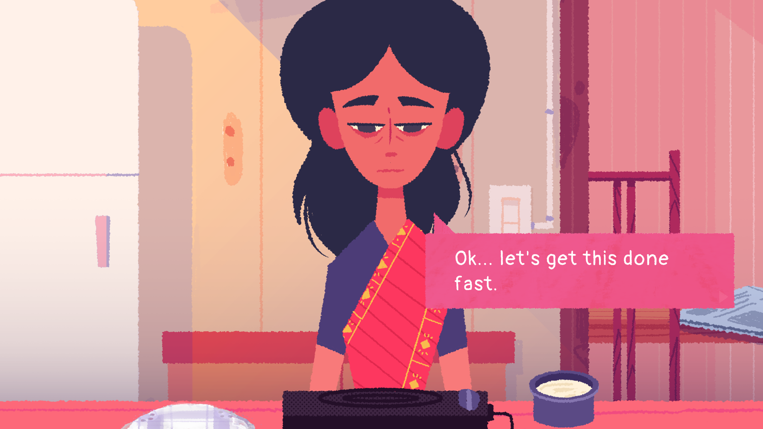 Venba, looking unwell, tells herself to get some cooking done quickly in Venba