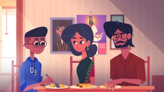 Screenshot from Venba showing Venba with her son and husband eating a meal together