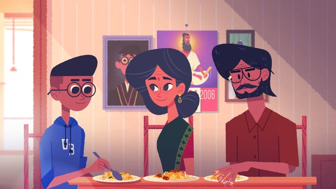 Screenshot from Venba showing Venba with her son and husband eating a meal together