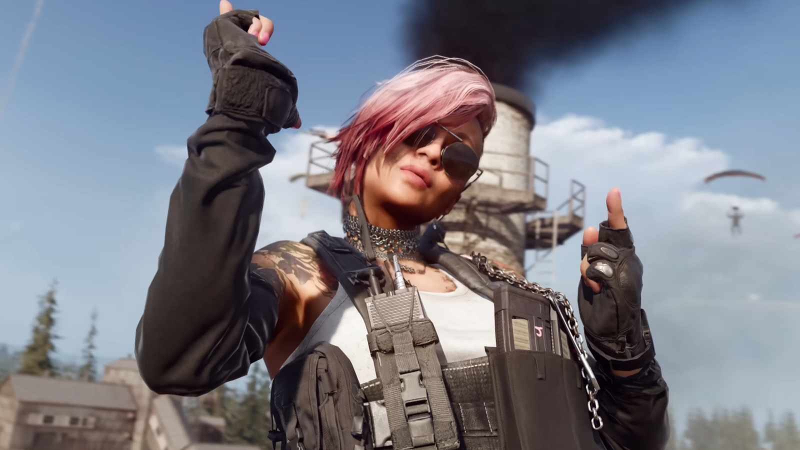 Call of Duty trailer screenshot showing pink-haired female soldier in sunglasses pointing finger guns
