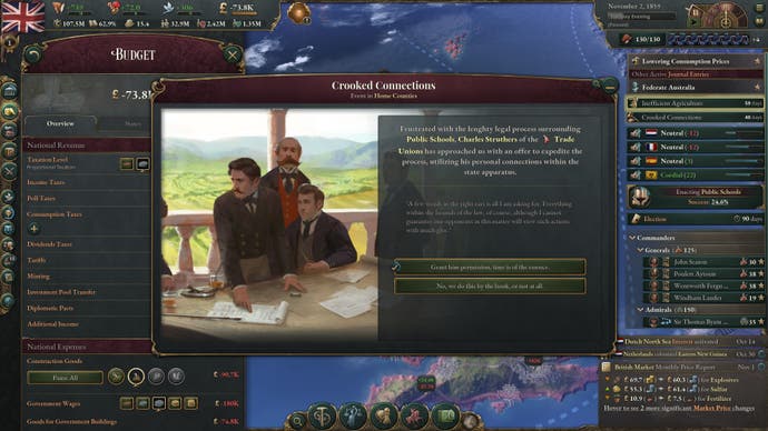 Victoria 3 review - a Crooked Connections pop-up looks at a Trade Unionist character being shifty