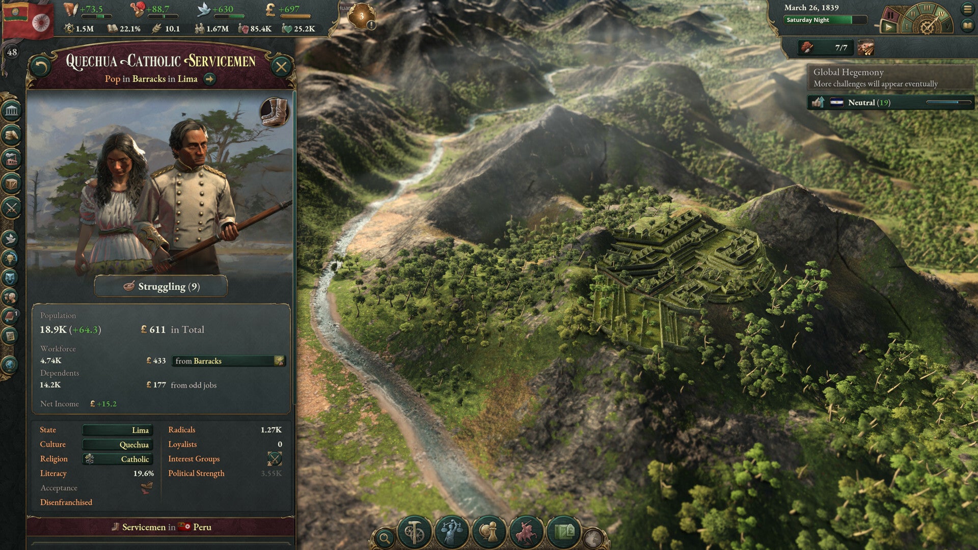 A screenshot from Victoria 3, showing an info window for a particular civilian &ldquo;pop&rdquo; in Peru.