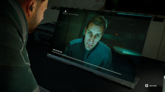 Troy Baker’s character Wyatt Taylor delivers a monologue on an in-game computer screen.