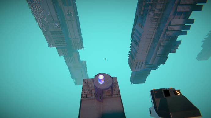 Viewfinder - looking down from on high with three pillars descending.