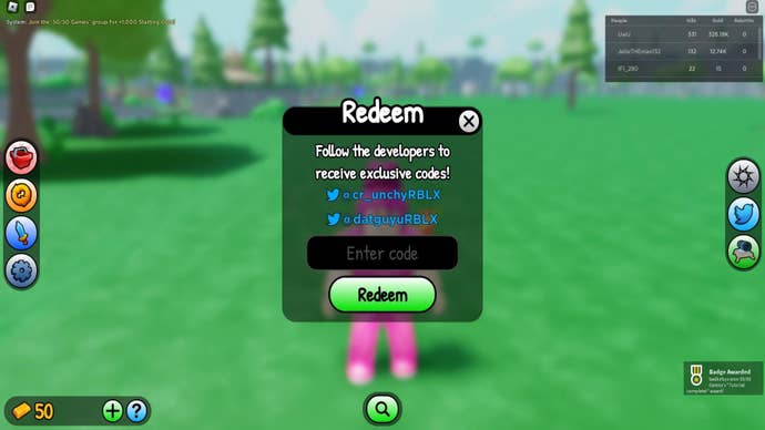 The player redeems a code via the social screen in Roblox's Village Defense Tycoon