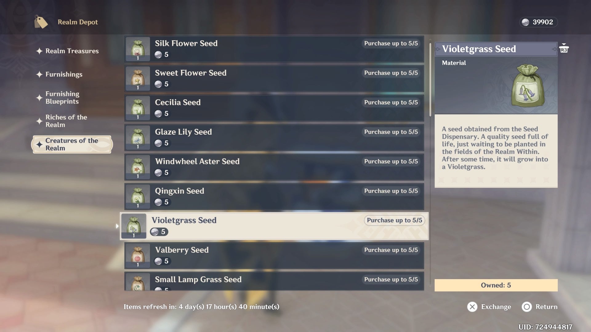 Menu view of buying Violetgrass Seeds in Genshin Impact from Tubby in Serenitea Pot,