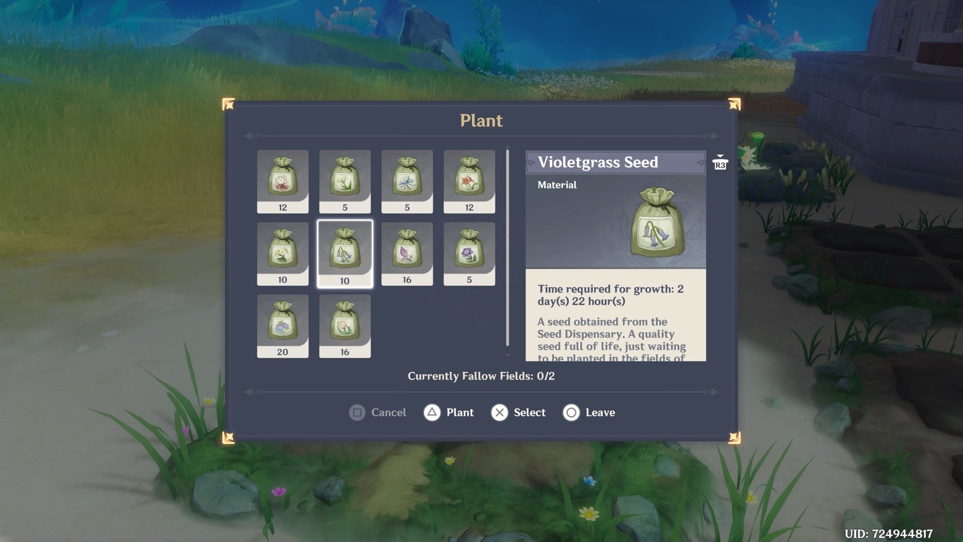 Menu view of planting Violetgrass Seeds in the Serenitea Pot in Genshin Impact.
