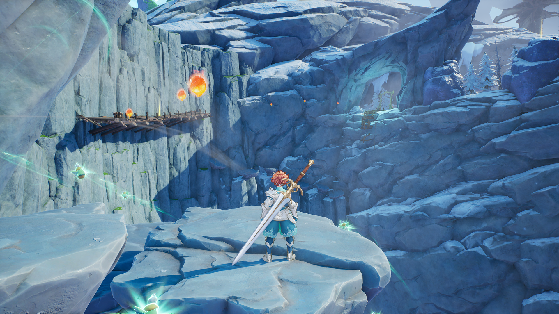 Screenshot of Visions of Mana protagonist standing on rocky cliff in mountainous area
