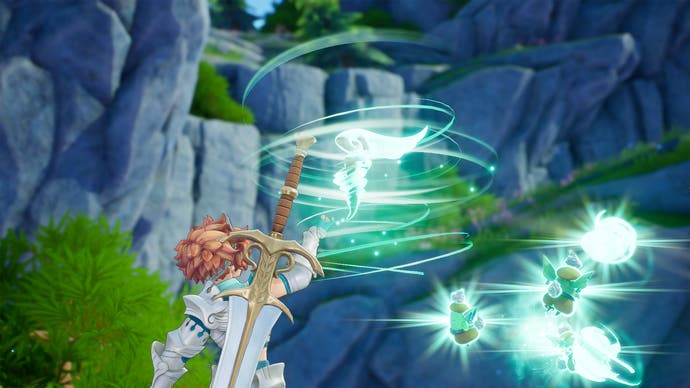 Visions of Mana protagonist reaches up to spirits swirling in green wind energy