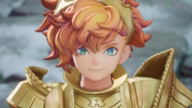 Close up of Val, the golden haired anime protagonist of Visions of Mana, in gold armour
