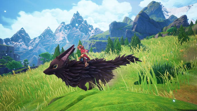 El protagonista de Visions of Mana monta una criatura parecida a un terrier negro en una vasta pradera verde