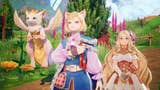 Three characters from Visions of Mana: a flying dragon-esque creature, a cat boy with blonde hair, and a magical young girl with long blonde hair